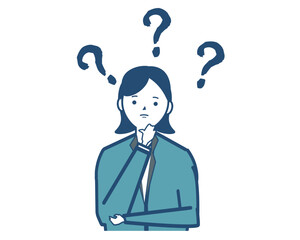 はてなマークを浮かべ悩むビジネスウーマン。困る女性。ベクターイラスト