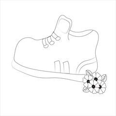 Vector illustration of a zentangl, shaggy puppy sitting in a shoe among the flowers. Drawing doodles. Coloring page Anti-stress for adults and children. Work done in manual.Black and white.