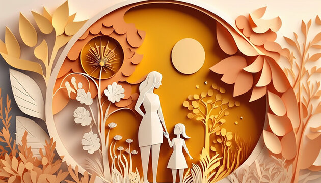 Mothers Day Illustration Background. Vector Background with Papercut Style. Generative AI