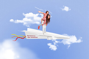 Photo collage artwork minimal picture of excited mom daughter flying new journey having fun...