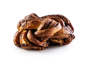 Tasty, sweet cinnamon bun on a stainless isolated on white background