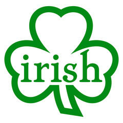 Logo del día de San Patricio. Letras de la palabra irish con shamrock lineal de 3 hojas. Texto manuscrito irish para su uso en invitaciones y tarjetas