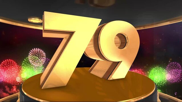 79th birthday animation in gold with fireworks background, 
Animated 79 years Birthday Wishes in 4K 