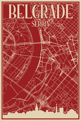 Red hand-drawn framed poster of the downtown BELGRADE, SERBIA with highlighted vintage city skyline and lettering