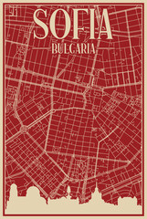 Red hand-drawn framed poster of the downtown SOFIA, BULGARIA with highlighted vintage city skyline and lettering