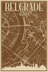Brown hand-drawn framed poster of the downtown BELGRADE, SERBIA with highlighted vintage city skyline and lettering