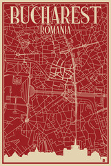 Red hand-drawn framed poster of the downtown BUCHAREST, ROMANIA with highlighted vintage city skyline and lettering