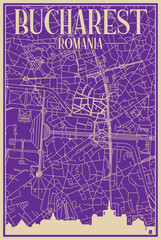 Purple hand-drawn framed poster of the downtown BUCHAREST, ROMANIA with highlighted vintage city skyline and lettering