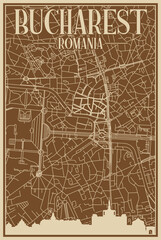 Brown hand-drawn framed poster of the downtown BUCHAREST, ROMANIA with highlighted vintage city skyline and lettering
