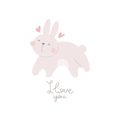 I love you. Cartoon rabbit, hand drawing lettering. colorful vector illustration, flat style. design for print, greeting card, poster decoration, cover
