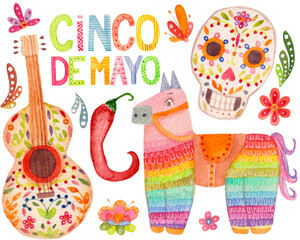 Watercolor set for the Cinco de Mayo, various elements isolated on a white background. Postcard, greeting, poster ect.