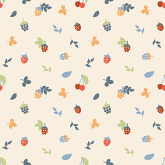 Seamless pattern of forest and garden berries. Cherries, wild strawberries, raspberries, blackberries on a light background. Warm summer colors for prints, wallpapers, textiles. Vector