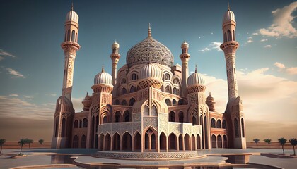 Obraz premium mosque, with intricate tile work, a towering minaret ramadan of celebration background. generative ai