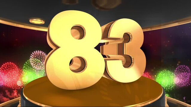 83rd birthday animation in gold with fireworks background, 
Animated 83 years Birthday Wishes in 4K 