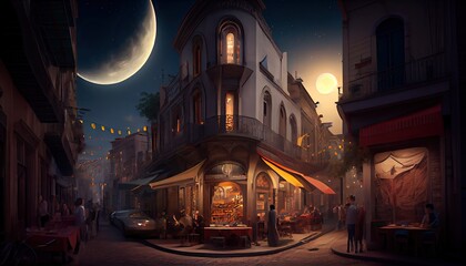 A bustling street, with people breaking fast and sharing food ramadan of celebration background. generative ai