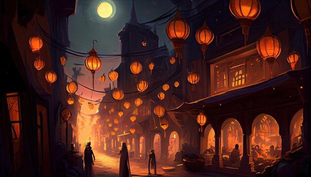 A bustling street, with people breaking fast and sharing food ramadan of celebration background. generative ai