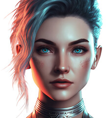 Pretty girl for metaverse or cyberpunk in a metallic futuristic suit, without background | Generative AI Production