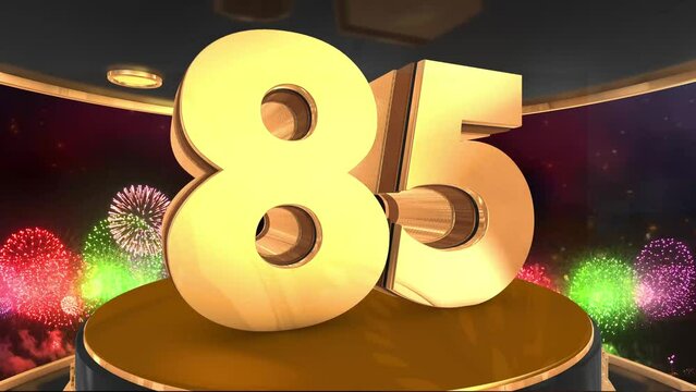 85th birthday animation in gold with fireworks background, 
Animated 8o5 years Birthday Wishes in 4K 
