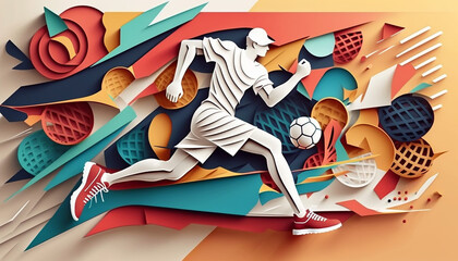 Colorful running pose sport background with paper cut style. Marathon, runner, sprinter, sport, jogging background. Generative AI. - obrazy, fototapety, plakaty