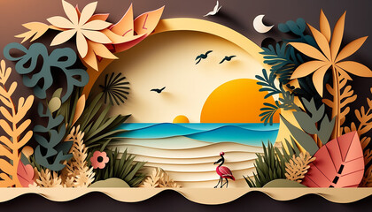 Fototapeta na wymiar Colorful summer background with paper cut style. Summer background with beach, sun, mountain, clouds, and sunny day. Generative AI