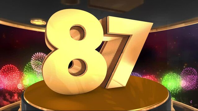 87th birthday animation in gold with fireworks background, 
Animated 87 years Birthday Wishes in 4K 
