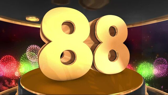 88th birthday animation in gold with fireworks background, 
Animated 88 years Birthday Wishes in 4K