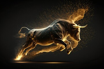 Charging Bull on black background. Bull represents aggressive financial optimism and prosperity. Generative AI. - obrazy, fototapety, plakaty