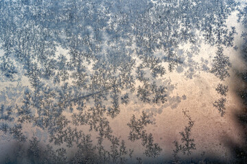 Close-up of window covered with beautiful ice flowers with defocus winter morning sky in the background. Photo taken February 9th, 2023, Zurich, Switzerland.