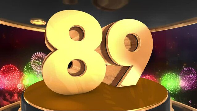 89th birthday animation in gold with fireworks background, 
Animated 89 years Birthday Wishes in 4K 