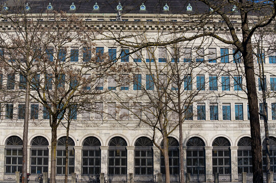 Facade of Swiss National Bank building at City of Z&uuml;rich on a sunny winter day. Photo taken February 9th, 2023, Zurich, Switzerland.