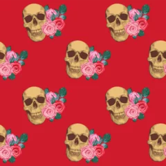 Rolgordijnen Schedel Seamless pattern with human skulls and roses. Vector background with sinister smiling skulls. Graphic print for clothes, fabric, wallpaper, wrapping paper