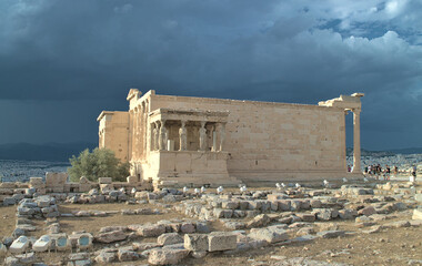 Stormy sky over the Erechtheum temple in Acropolis at Athens, Greece.