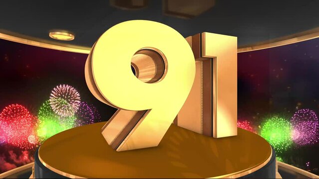 91st birthday animation in gold with fireworks background, 
Animated 91 years Birthday Wishes in 4K