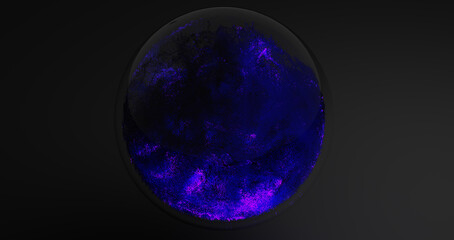 Magic crystal ball on a black background. Glowing particles. Galaxy. Stars. 3D illustration and rendering.