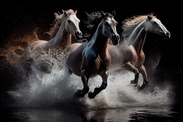 Horses running in the water. Splashes, speed. Generative AI