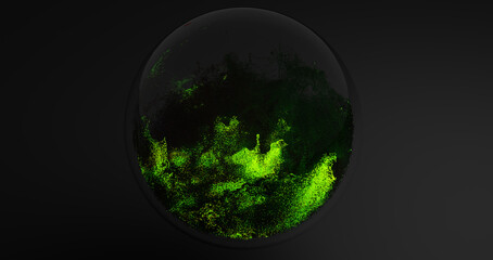 Magic crystal ball on a black background. Glowing particles. Galaxy. Stars. 3D illustration and rendering.