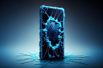 Modern 3d illustration broken phone screen, cracks. Security idea of cyber systems shield and data security technology. Generative AI