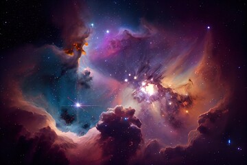 Fototapeta na wymiar Abstract outer space endless nebula galaxy background. Galaxy with colorful nebula, shiny stars and heavy clouds. Blue and purple background. Futuristic cosmos design. Generative AI