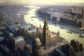 1900 aerial view of London - Generative AI - obrazy, fototapety, plakaty
