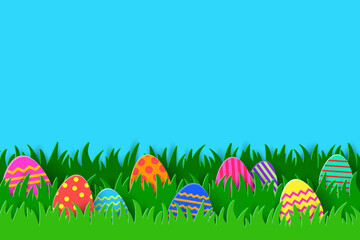 Colourful Easter eggs hidden in the grass. Paper cut style background. Vector illustration