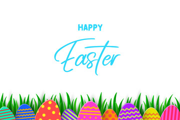 Happy Easter. Paper cut greeting card with coloured eggs hidden in the grass. Vector illustration