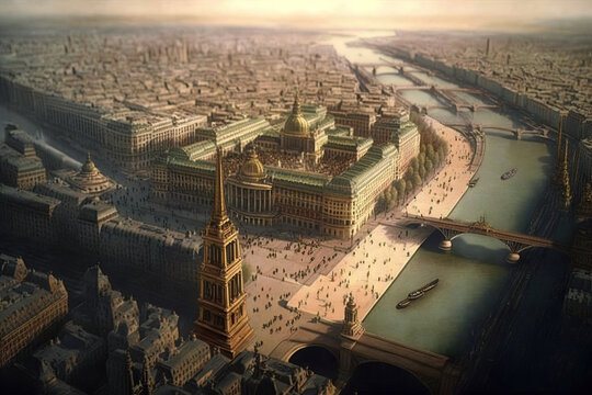 1900 aerial view of Paris - Generative AI