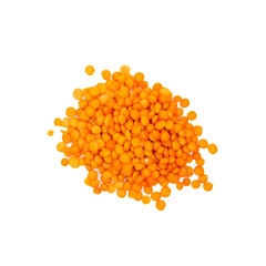 Red lentil grains isolated on white background. Top view, flat lay.
