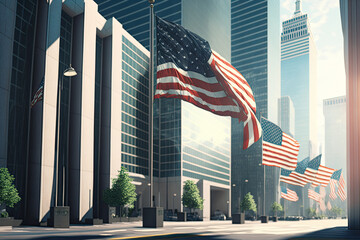 American flags in a modern business district - Generative AI