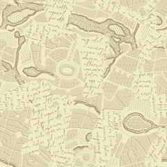 Texture Seamless pattern with collage of letters with handwritten text and pieces of geographical maps. Vector background in retro style with imitated text. Suitable for wallpaper design, fabric