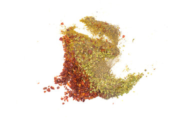 Various mixed spices isolated on a white background. Top view, flat lay.