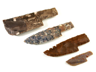 Stone Age Flint Stone Knife Blades isolated on white Background