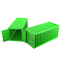 3D design of cargo containers for storage transportation illustration. 3D design of two green colored cargo with open and closed doors, side view illustration