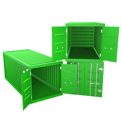 3D design of cargo containers for storage transportation illustration. 3D design of three green colored cargo with open and closed doors, front view illustration