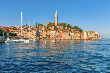 Morning view to Rovinj marina and Rovinj old town, popular travel destination in Istrian county of Croatia